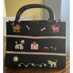 Kim Rogers Embroidered Dogs Novelty Handbag Purse Kitschy Black Dogs House 12”